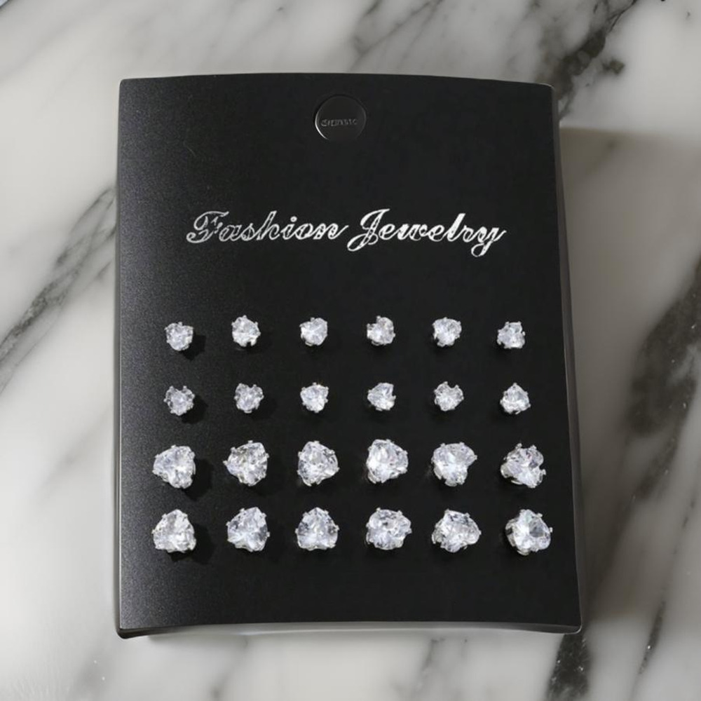 New 12 Pairs Heart Cubic Zirconia CZ Stud Silver Earrings Different Sizes Men